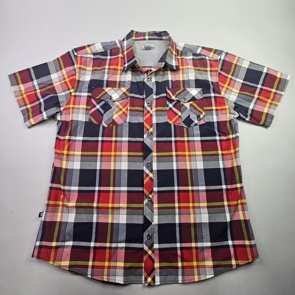 MISKEEN ORIGINALS Plaid Shirt 3XL Multicolor Handprint Logo Short Sleeve Button